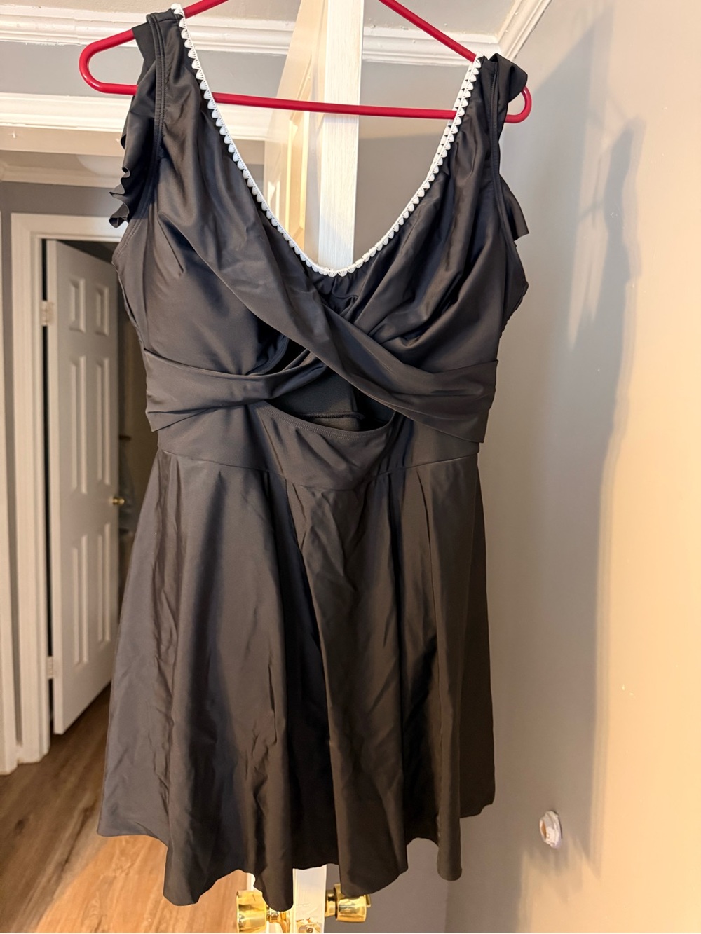 Black Twist-Front One-Piece Swimsuit with Pearl Trim